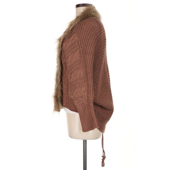Faux Fur Trim Brown Cable Knit Cardigan | Boho Grunge Fairy Cottagecore Cozycore - Picture 6 of 16